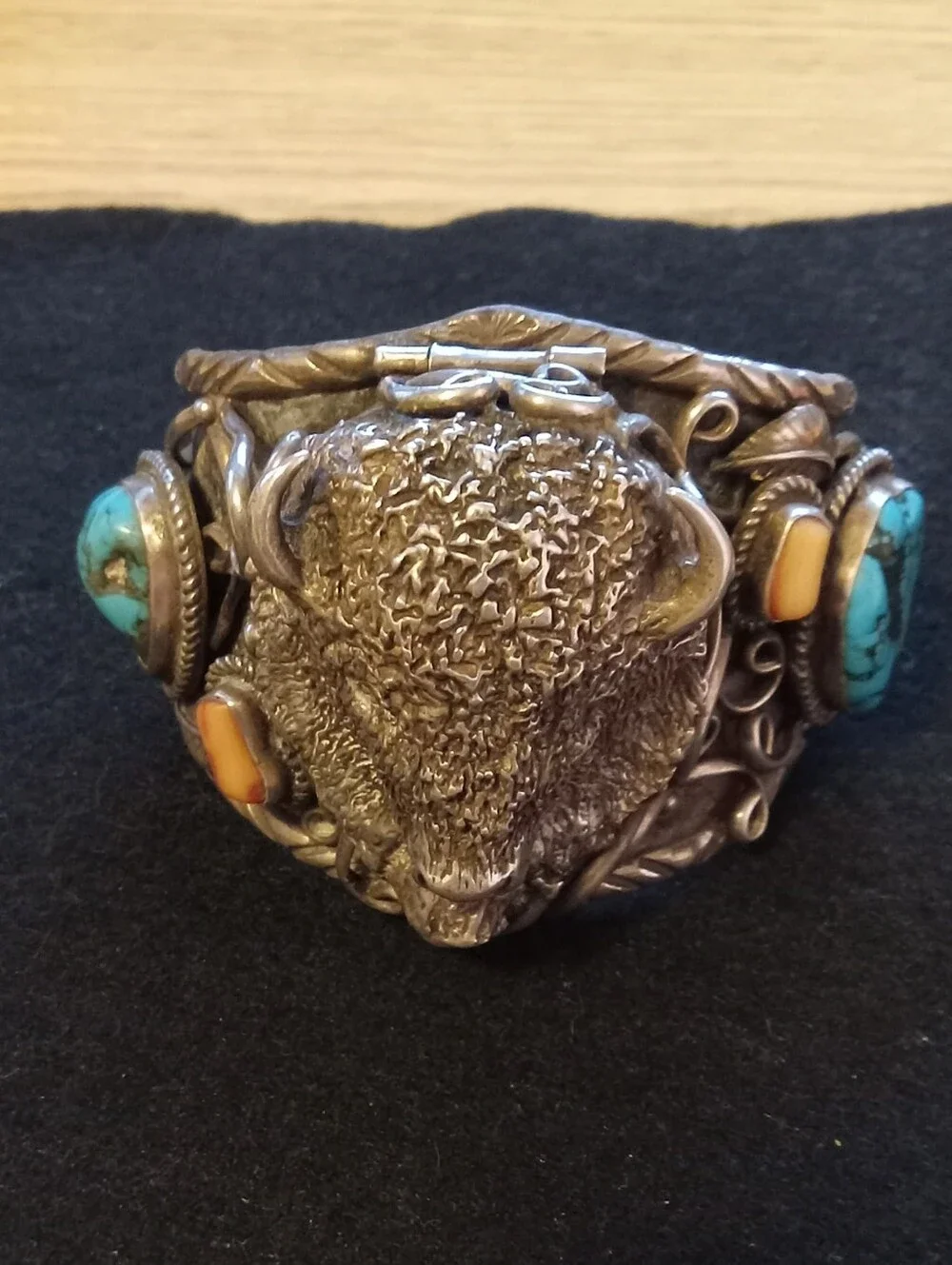 Sterling Silver Buffalo Cuff/watch Bracelet with Turquoise and Coral NAVAJO 1970